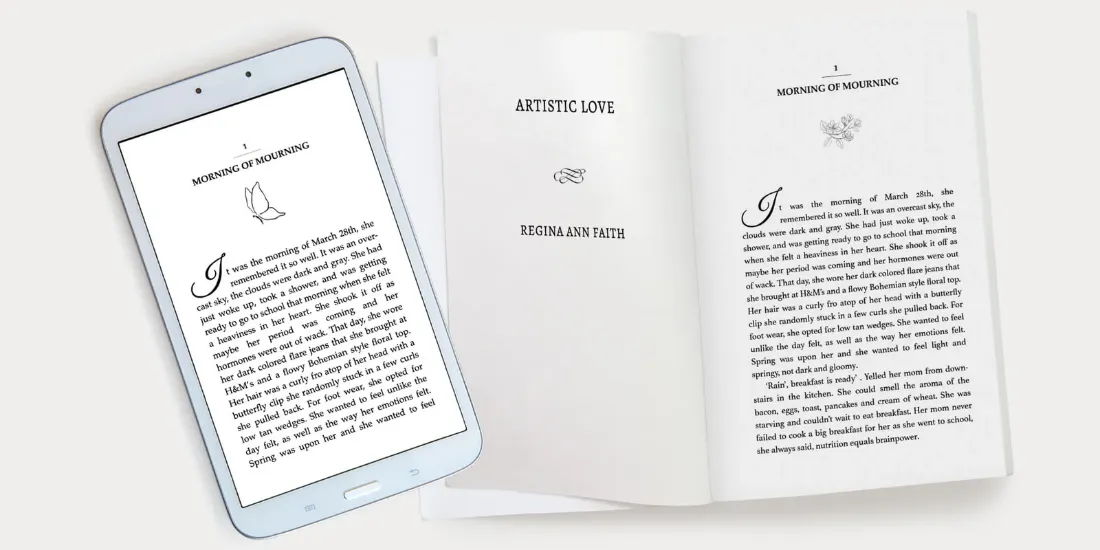A formatted book interior shown on a tablet and in a printed paperback